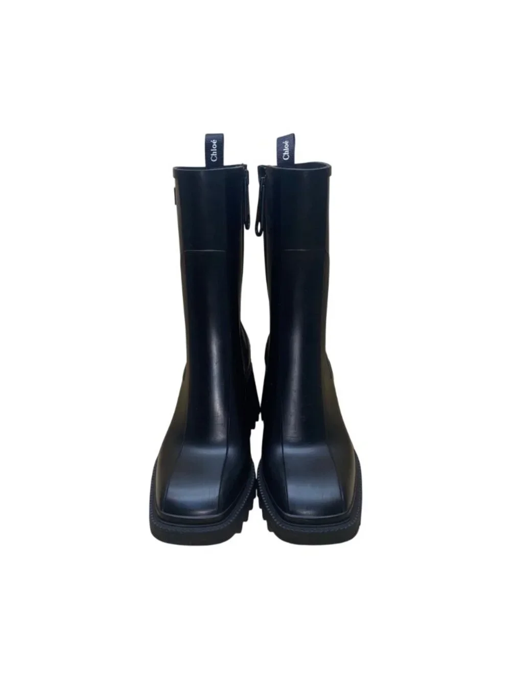 Chloe Women’s Black Rubber Zip-Up Chunky Heel Square Toe Betty Rain Boots Sz 10
